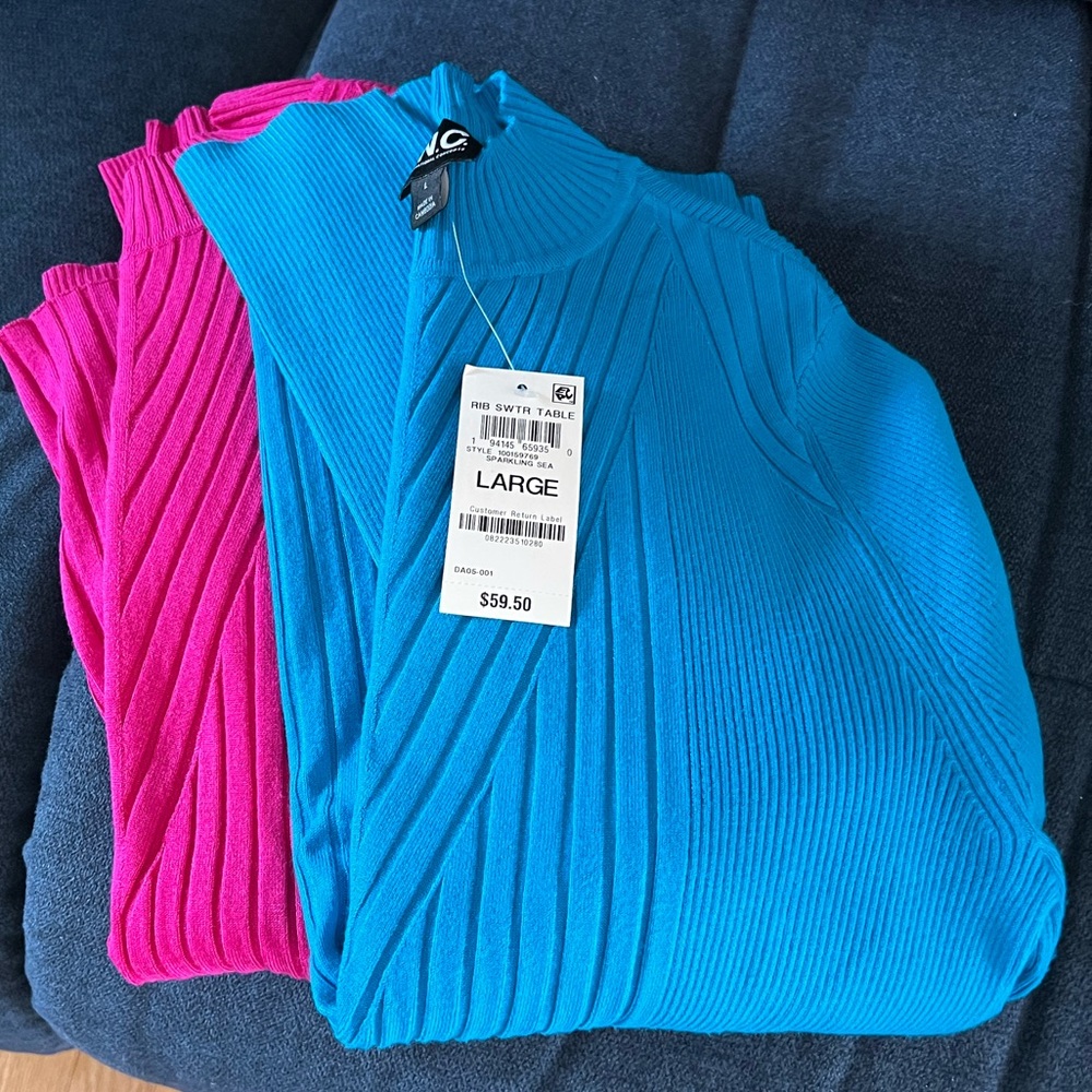 Set of 2 Rib Sweaters - One Blue & One Pink - Size Large - New - Blue with Tags